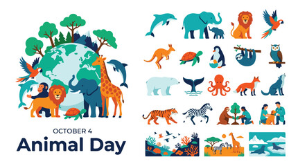 Obraz premium World Animal Day vector collection, October 4 wildlife conservation elements, flat zoo and marine animal icons set, biodiversity earth day graphics