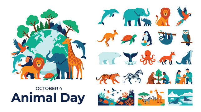 World Animal Day vector collection, October 4 wildlife conservation elements, flat zoo and marine animal icons set, biodiversity earth day graphics