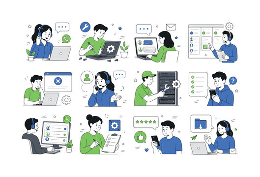Tech Support Service. Help desk, technical assistance, hotline, support, live chat, maintenance, troubleshooting, and call center agent. 12 minimalist editorial vector scenes: agent answers headset