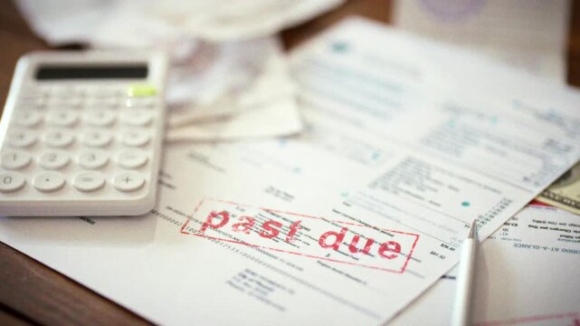 In corporate office, businessman and his accountant examine financial documents marked with late-payment inscriptions, highlighting unpaid debts and stressing importance of diligent debt management