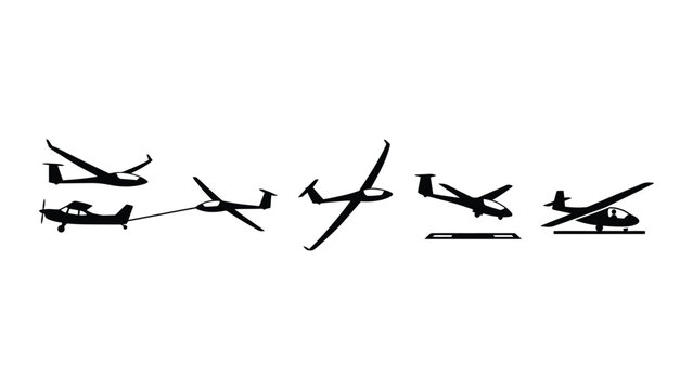 Set of black silhouettes of gliders and towing aircraft in flight.