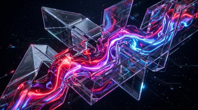3D Futuristic Neon Liquid Flow Glass Panels Background JPG Purple Red Blue Glowing Abstract Cyberpunk Tech Science Fiction Space Wallpaper Banner Presentation Design futuristic neon background, 3d gla