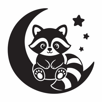 Cute Raccoon Sitting on Crescent Moon Illustration