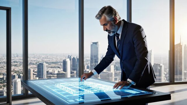 caucasian architect interacting with futuristic digital table in modern high-rise office. man analyzing glowing blueprints. advanced technology, smart city, urban planning, engineering, innovation.