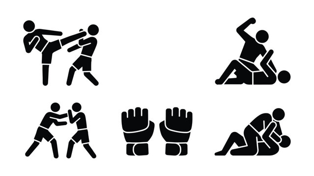 Set of MMA fighting icons showing martial arts techniques and gear.