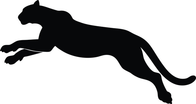 Black panther silhouette jumping, powerful cougar leaping vector graphic, wild mountain lion pouncing icon for sports mascot and athletic branding