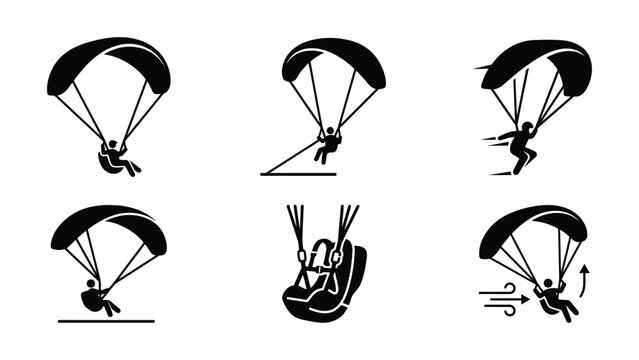 Set of paragliding icons featuring various maneuvers and gear.