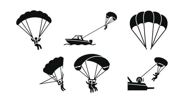 Set of black and white icons featuring parasailing and parachuting activities.