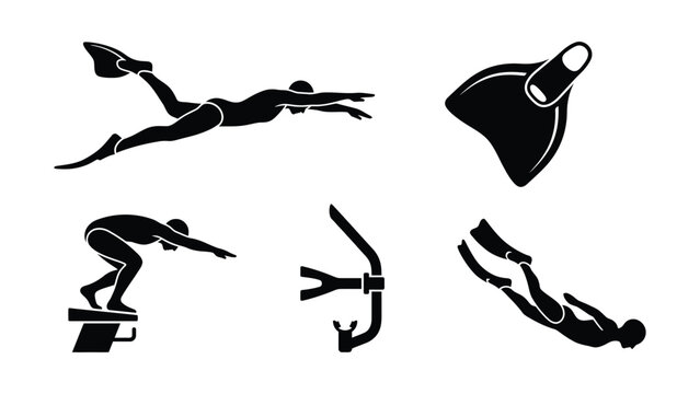 Set of black silhouette icons for swimming and diving sports.
