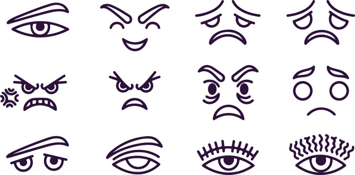 Collection expressive eyes faces emotions anger sadness surprise fear anxiety confusion facial expressions human feelings line art doodles.