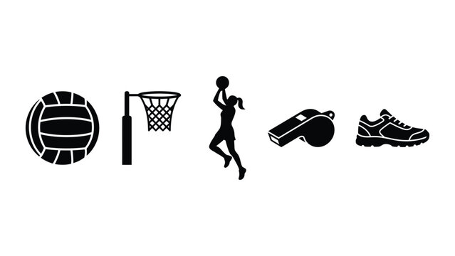 Set of netball sports equipment and athlete silhouette icons.