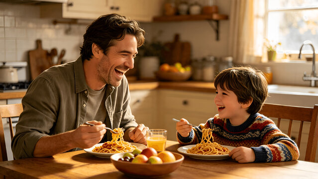 father and son eat together and laugh, father's day