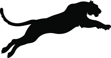 Tiger silhouette jumping in mid-air, powerful wild cat leaping vector, black panther or cougar pouncing profile, predatory animal mascot for sports © Zannatul