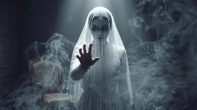 Ghostly bride reaching forward in dark Victorian room. Supernatural entity appearing through swirling mist in haunted mansion. Static medium shot.