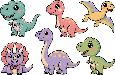 Cute cartoon dinosaur stickers collection with funny t-rex triceratops and pterodactyl characters isolated on light grey background. © ayub