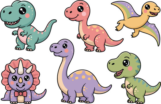 Cute cartoon dinosaur stickers collection with funny t-rex triceratops and pterodactyl characters isolated on light grey background.