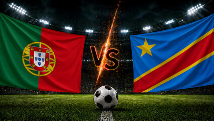 Fototapeta premium A conceptual image featuring the flags of Portugal and the Democratic Republic of the Congo facing off on a professional soccer field with a ball in center.