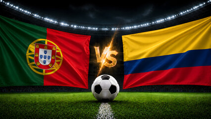Naklejka premium A soccer stadium background featuring the flags of Portugal and Colombia facing each other with a football in the center, representing a match concept.