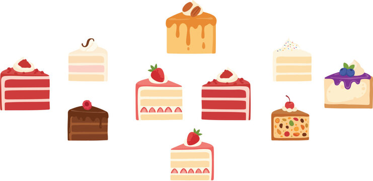 Sweet bakery dessert menu clip art collection with gourmet sweet food icons showing strawberry shortcake cocoa layers and frosted party pastry.