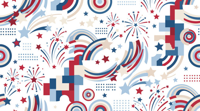 A festive seamless pattern featuring patriotic red white and blue fireworks and stars perfect for celebrating independence day or national holidays with artistic flair