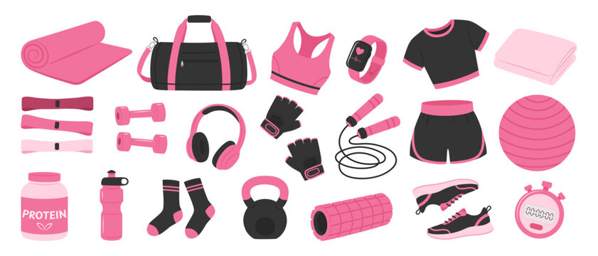 Fitness and gym workout equipment set. Pink and black women sport gear including yoga mat, sports bag, dumbbells, skipping rope, clothing, sneakers, water bottle, kettlebell and foam roller.