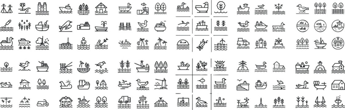 A collection of diverse icons represents various modes of transportation, travel, and public services, presented in a clean, organized grid format.