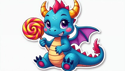 Obraz premium Cute cartoon dragon sits holding giant lollipop. Bright blue fantasy creature with yellow horns and pink wings enjoys candy treat. Whimsical character illustration.