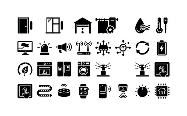 Obraz premium Connected Lifestyle Marks. Solid glyph icon set of smart home ecosystem devices: door sensor, window sensor, garage controller, smart curtain motor, humidity sensor, temperature probe, surveillance