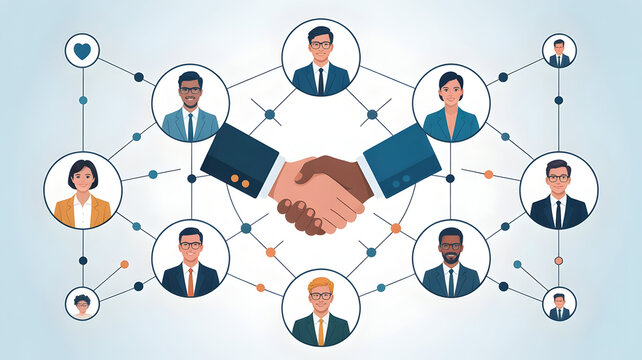 Diverse Business People Shaking Hands in Network Connection Diagram Agreement Partnership Concept Flat Design
