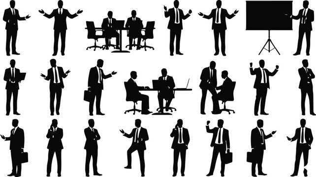 Corporate business meeting and office lifestyle black stencil collection showing executives talking collaborating interviewing and typing at desktop workstation terminals.