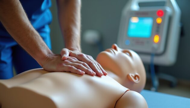 Person practices chest compressions on CPR manikin. Training dummy is used for learning resuscitation. AED device is ready nearby for life saving.