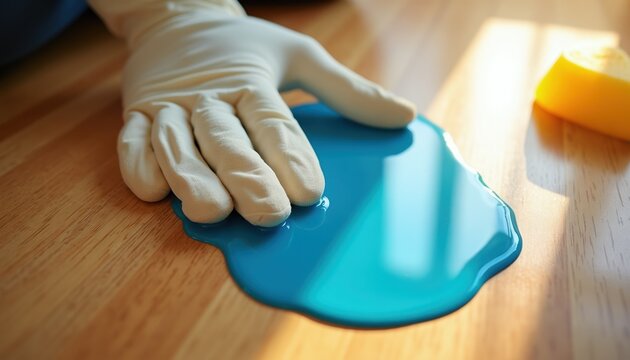Gloved hand cleans blue spill on wood floor with sponge. Domestic chore, household cleaning, accident cleanup, hygiene maintenance, tidying up space, daily routine task.