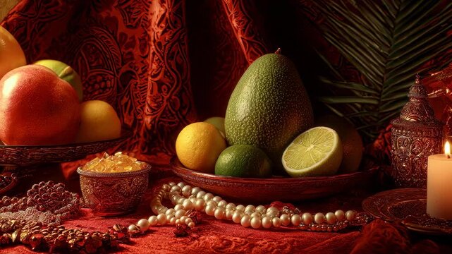 Festive Indian still life with fresh fruits and burning candle. Traditional celebration setup with pearls and ornate vessels on red fabric