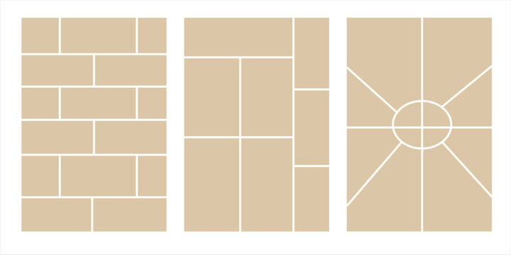 Image collage layout template. Beige mosaic mood board grid collection. Picture frame set. Photo album idea for banner, poster, comic page, flyer, brochure, booklet, memory wall design. Vector pack