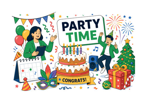 Celebration Party Holidays. Editorial banner with party planner and dancer beside oversized birthday cake and holiday fireworks, with music note, carnival mask, christmas gift, congrats ribbon, and