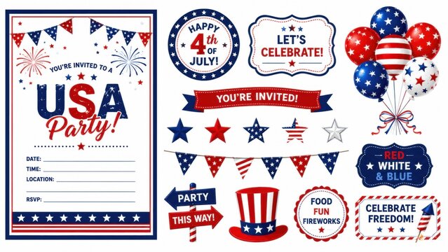 Patriotic 4th of July party invitation set, American Independence Day celebration elements, red white and blue USA holiday graphics collection