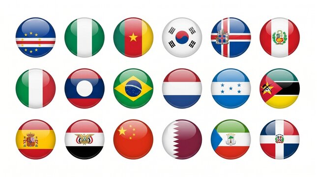 Global diversity collection of circular national flag icons representing countries worldwide, international identity, multicultural unity, patriotic symbols, world nations