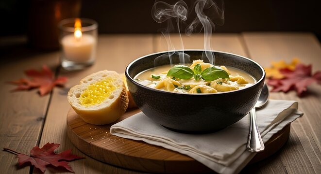 A steaming bowl of chicken tortellini soup served with a piece of crusty garlic bread on a rustic wooden table decorated with autumn leaves and candle