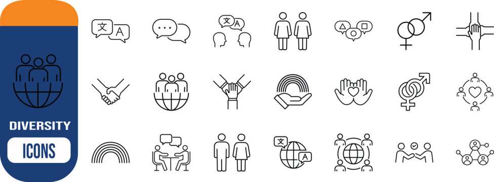 Diversity and inclusion vector icons. people icon set, globe icon set, hands icon set