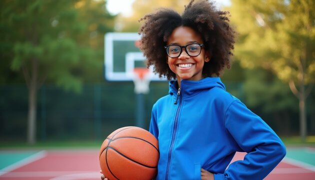 Smiling young Black girl with glasses holds basketball on court. She wears a blue hoodie, ready for game. Outdoors on sunny day, trees and hoop in background. Youth sport fun.