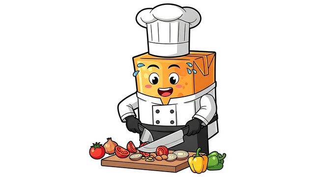 Happy robot chef preparing fresh vegetables.