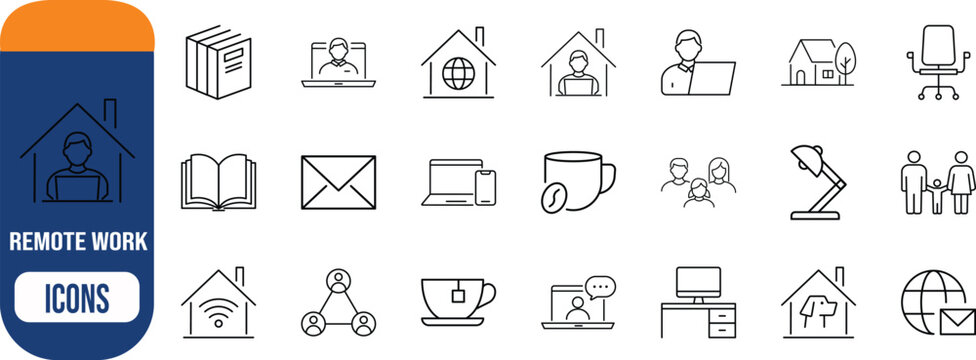 Remote work home office lifestyle icons. laptop icon set, house icon set, book icon set