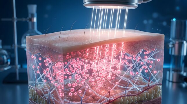 Anatomical skin cross section block with laser light beams penetrating epidermis layer above pink cellular spheres and fiber network with laboratory background
