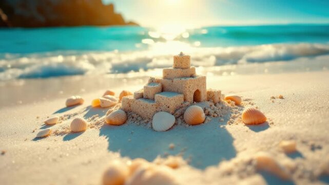 Sandcastle by the sea with shells on a sunny beach