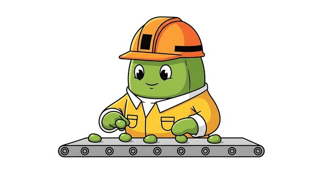 Cartoon green gnome riding a toy train.