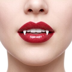 Fototapeta premium Close Up of a Woman Wearing Red Glossy Lipstick and Realistic White Vampire Fangs, Halloween Beauty Concept for Gothic Horror