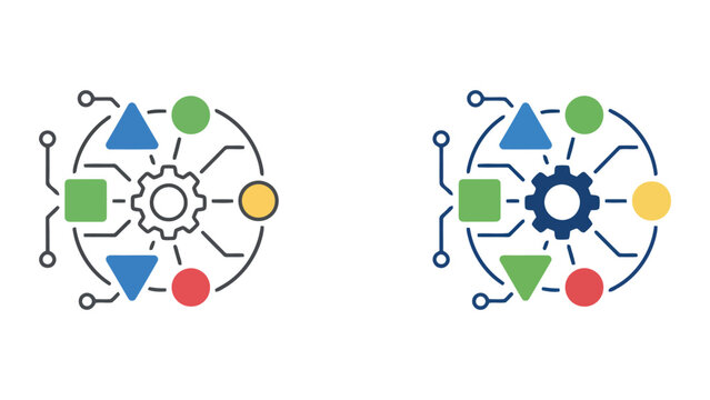 Technical system integration and engineering workflow vector icon showing central gear and connected modules for industrial process automation