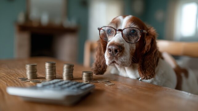 A clever-looking dog wearing glasses, sitting in front of stacks of coins and a calculator, representing financial literacy and humor in a lighthearted manner.