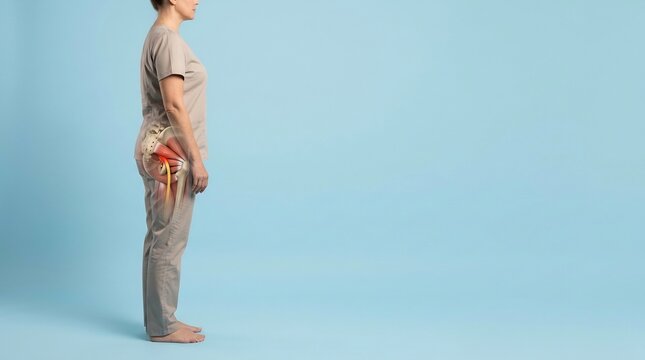 Side view of adult woman with anatomical overlay showing pelvic hip joint inflammation and sciatic nerve pain