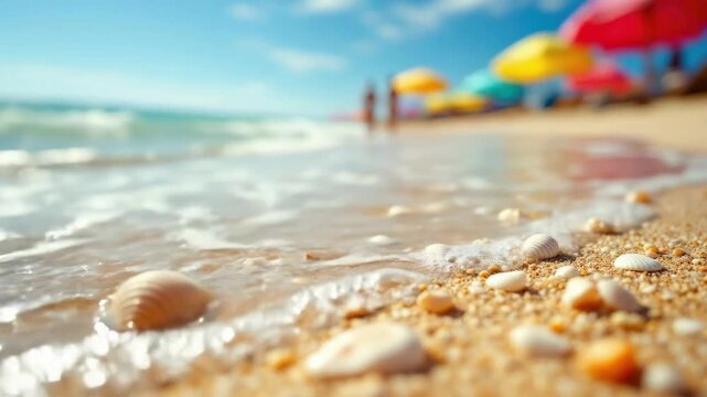 Sandy beach scene with vibrant umbrellas and seashells on a sunny day